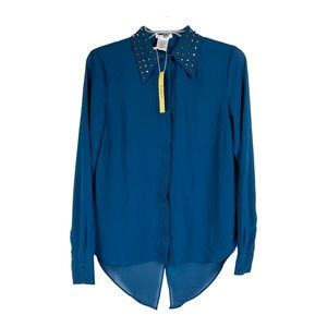 Esley Teal Chiffon Blouse Long Sleeve Bronze Stud Collar Split Back Womens S NWT